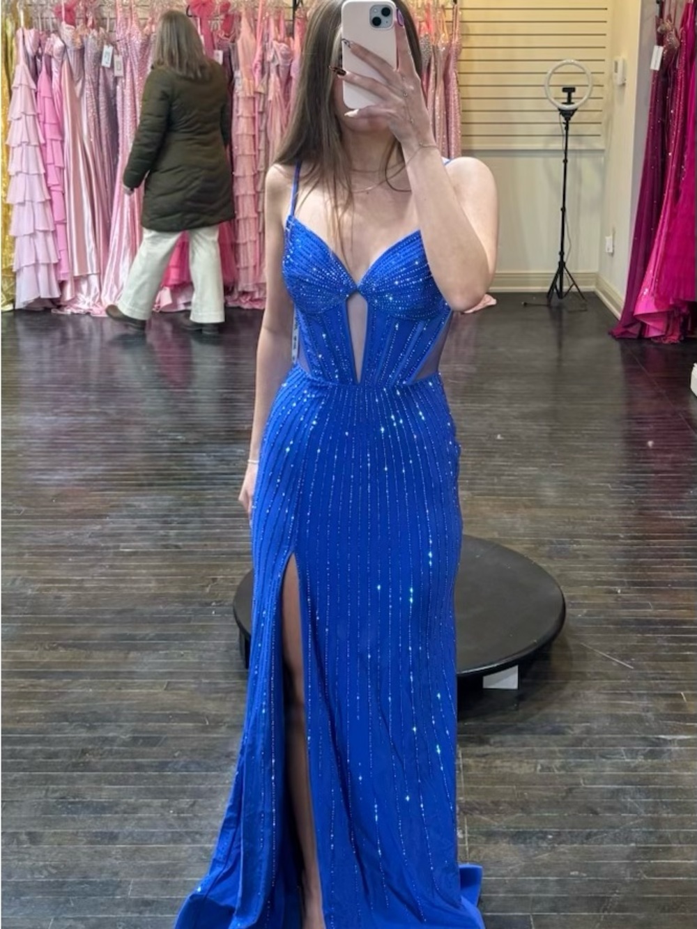 ellie wilde Royal Blue Sequin Spaghetti Strap Prom Gown
